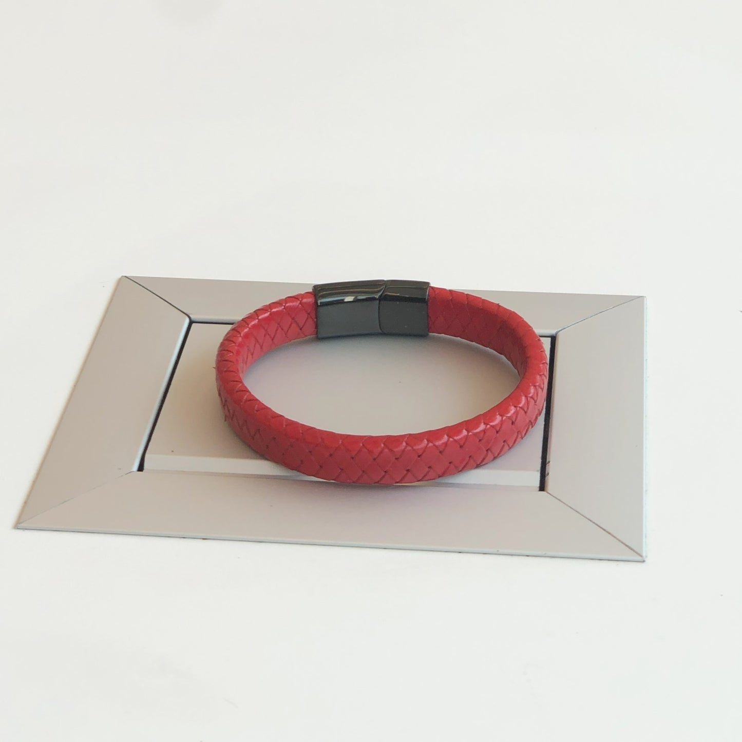 QJD Scarlet Eclipse Red Leather Bracelet with Black Magnetic Clasp