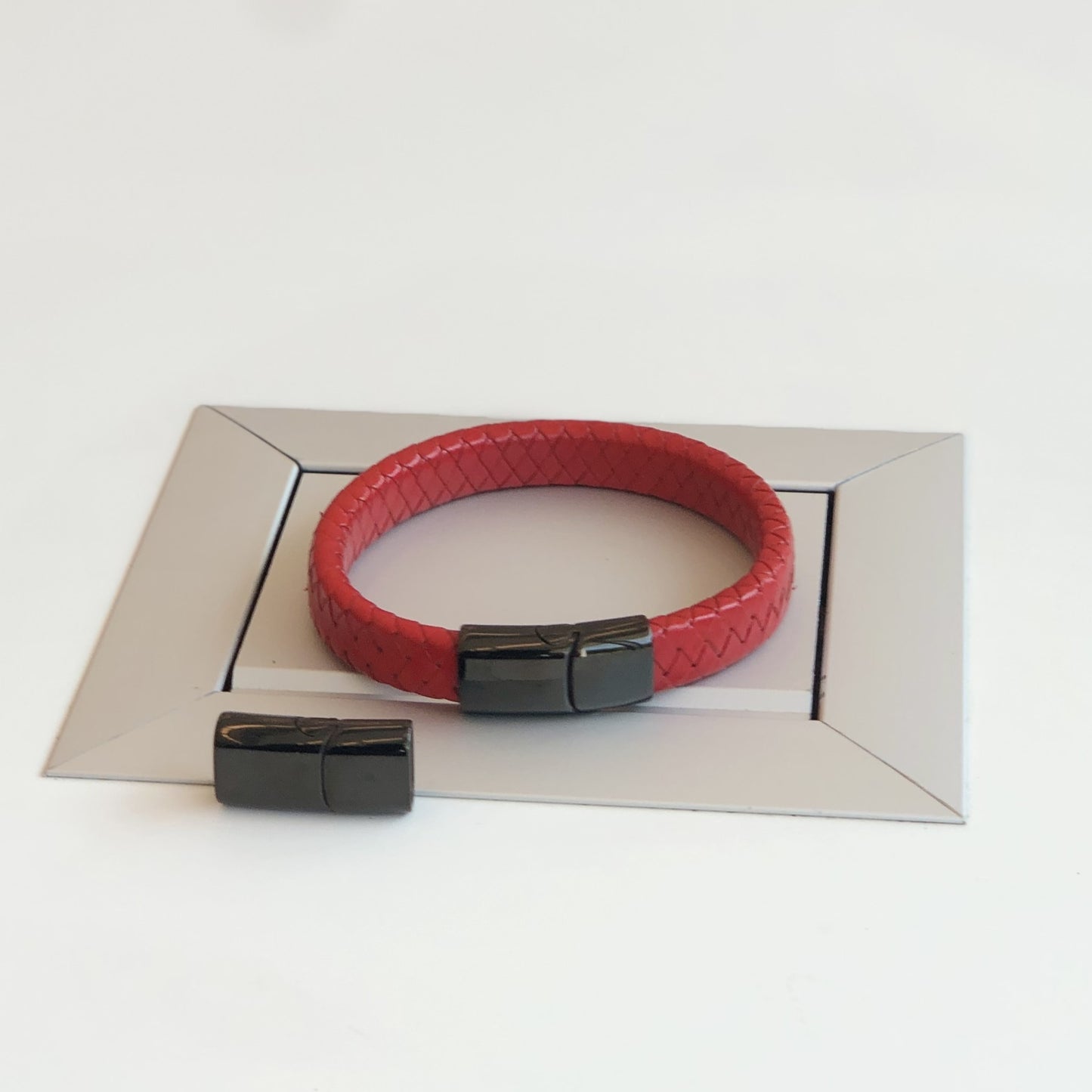 QJD Scarlet Eclipse Red Leather Bracelet with Black Magnetic Clasp